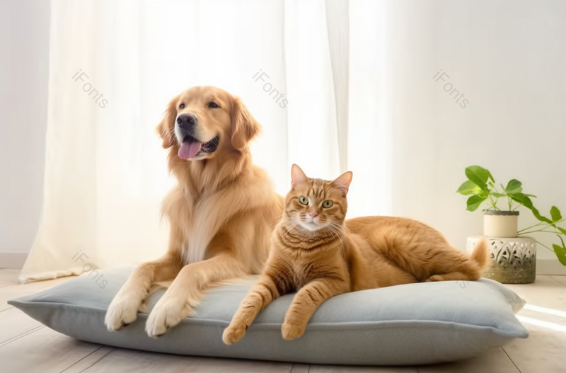 室内摄影猫和狗靠趴着枕头上,高清,摄影图,摄影图片,图片大全,摄影图免费下载